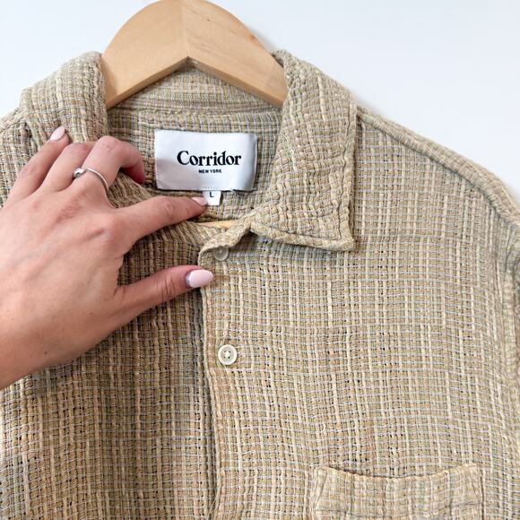 CORRIDOR Rainbow Weave Linen Camp Collar Shirt Natural L EUC - Picture 3 of 4